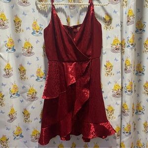 Altar'd State Red Satin Mini Dress With Cheetah Print Detail